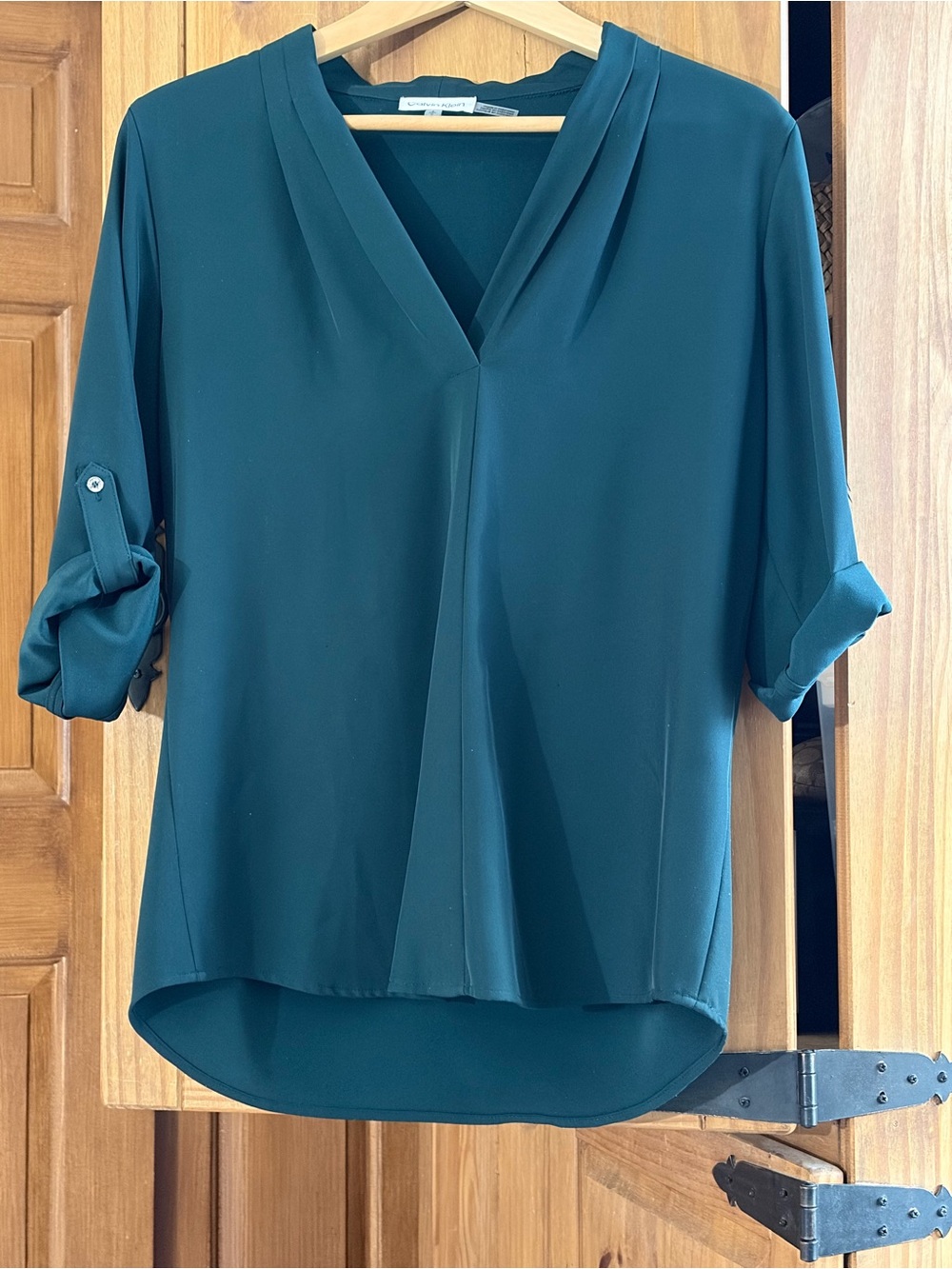 Calvin Klein Forest Green V-Neck Blouse Roll-Tab Sleeves Size S NWOT